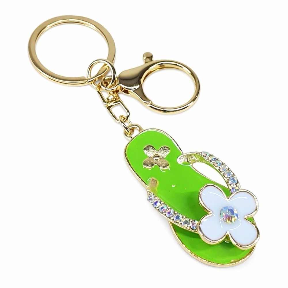 Green Flip Flop Sandal Bling Rhinestone Keychain Bag Purse Charm Backpack 4"